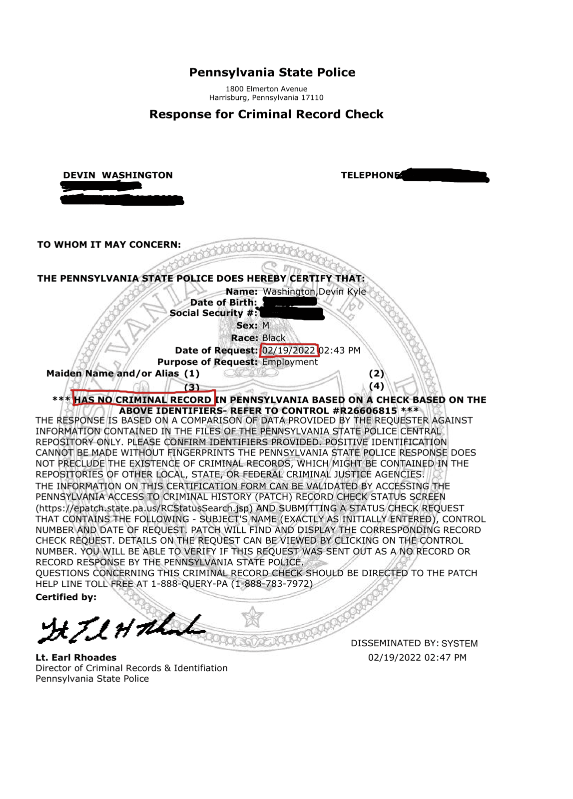 Criminal Record Check 2022 (Valid until 2027)