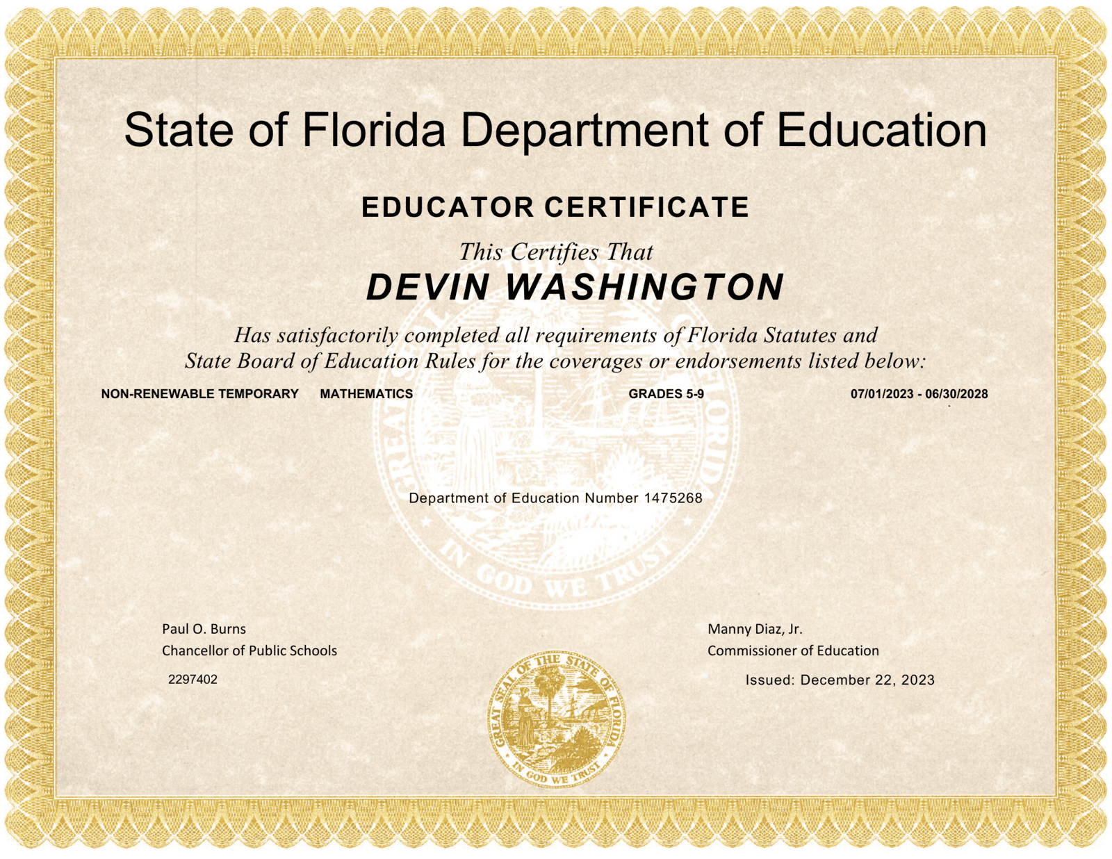 FL Teaching Certificate Valid 2023-2028